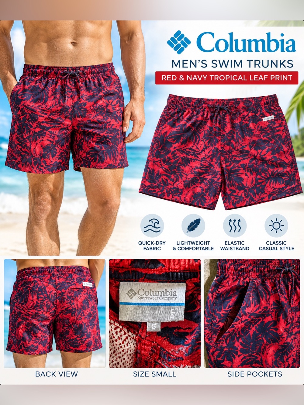 Columbia Men’s Swim Trunks Small Red Navy Tropical Print Drawstring
